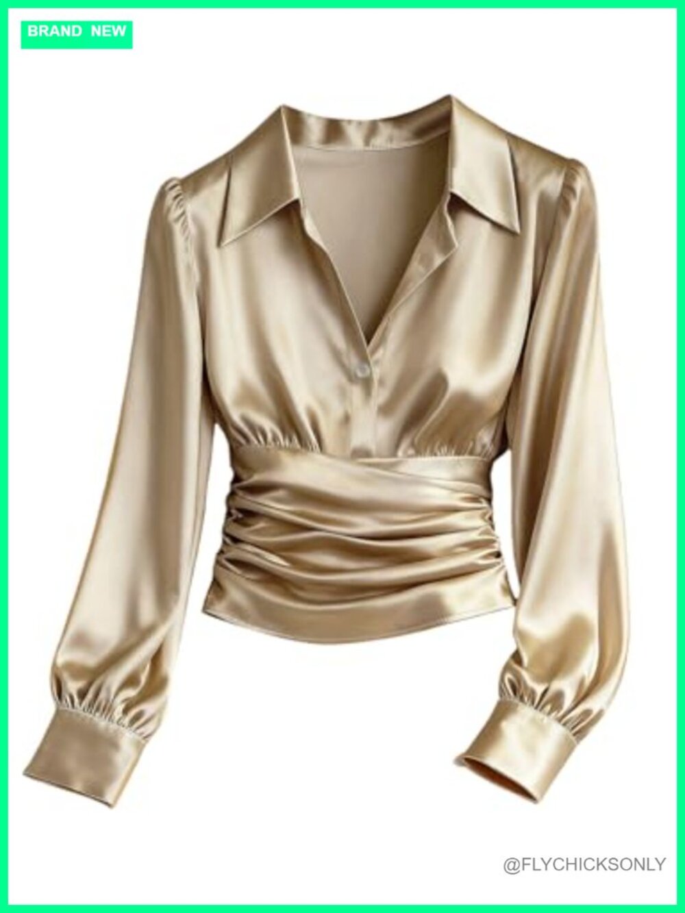 Long Sleeve Satin Blouse Collared V Neck Button Cinched Waist Ruched Top Dressy